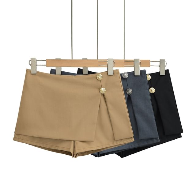 Ulark-Low Rise Plain Button Accent Mini A-Line Skort