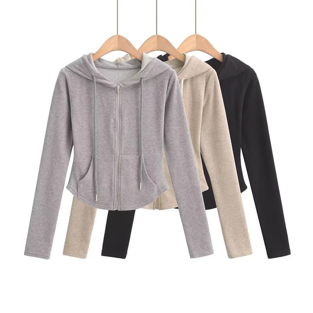 Asiris-Drawstring Plain Zip Up Cropped Hoodie