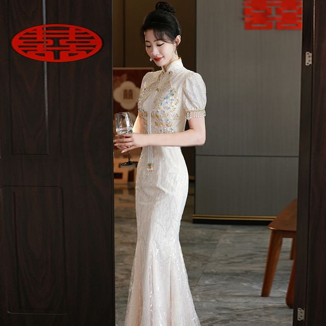 MSSBridal - Short Sleeve Mandarin Collar Sequin Embroidered Cheongsam  Wedding Dress | YesStyle