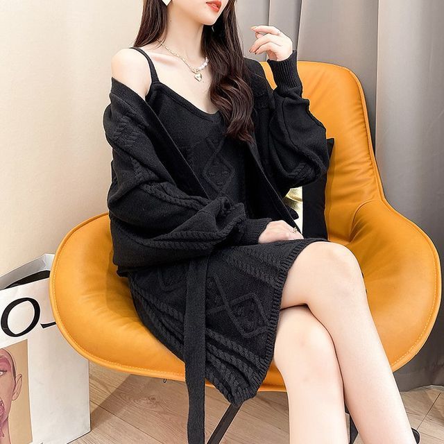 cable knit dress and cardigan set Kijblae Women Sweaters Dress Sets Solid Color Sweater Top And Skirt Set Cable Knitted 2 Piece Outfits Fall Bodycon Dress Button Dowen V Neck Cardigan