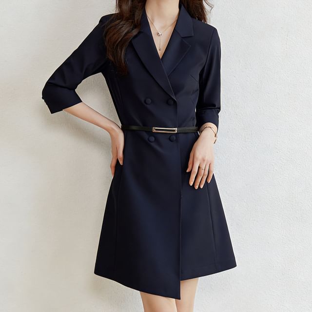 Skyheart - Set: Elbow-Sleeve V-Neck Plain Asymmetrical Mini A-Line Blazer  Dress + Faux Leather Belt | YesStyle
