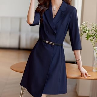 Skyheart Set: Elbow-Sleeve V-Neck Plain Asymmetrical Mini A-Line Blazer Dress + Faux Leather