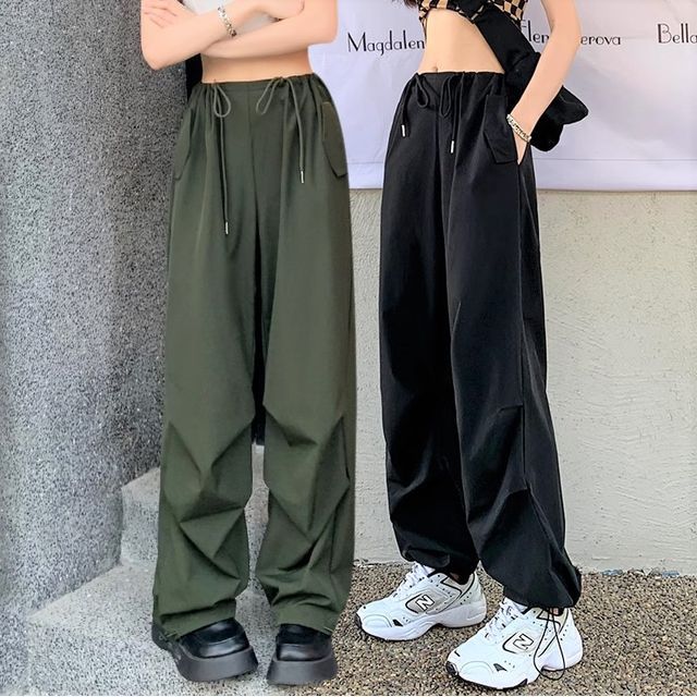 Secolo - High Waist Plain Drawstring Cargo Baggy Pants