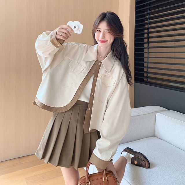 Tzarkozy-Mock Two-Piece Contrast Trim Button-Up Shirt Jacket