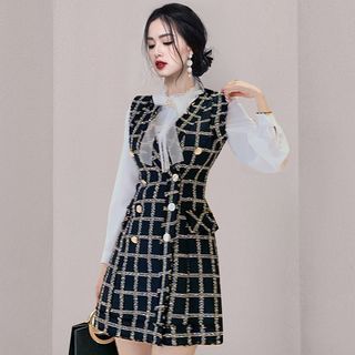 Hasu Set V Neck Plaid Tweed Double Breasted Mini A Line Overall Dress