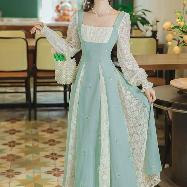 Nebbia - Long-Sleeve Lace Panel Midi A-Line Dress | YesStyle