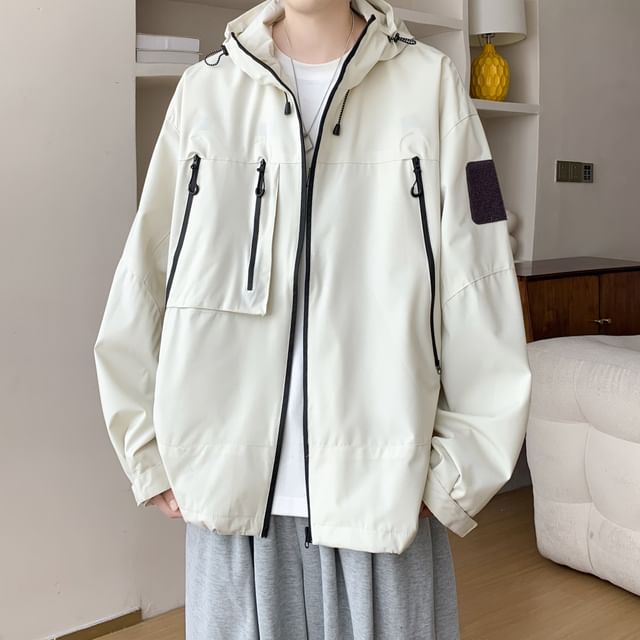 Plummie-Stand Collar Plain Panel Hood Zip Jacket