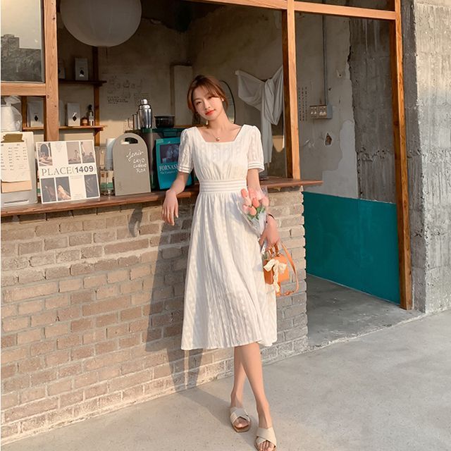 Everose-Puff-Sleeve Square-Neck A-Line Dress