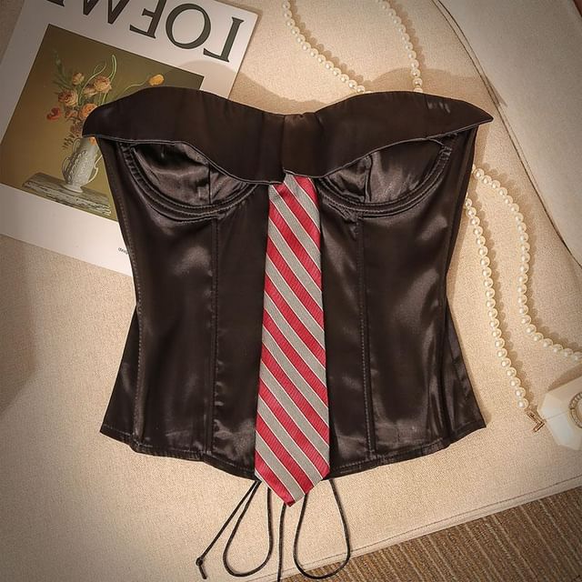 Eranellah Necktie Accent Lace-Up Back Satin Crop Corset Tube Top
