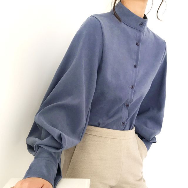Lewwe - Mandarin Collar Lantern-Sleeve Shirt | YesStyle