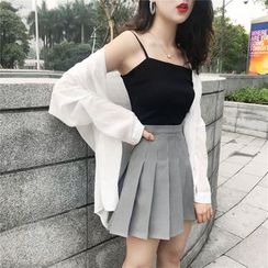 Newkoou - 长袖纯色衬衫/纯色吊带背心/高腰打褶裥裙 Newkoou - 长袖纯色衬衫/纯色吊带背心/高腰打褶裥裙