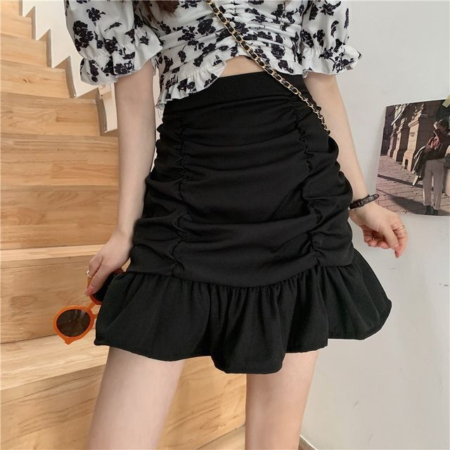 Sienne-High Rise Plain Crinkled Mini Skirt