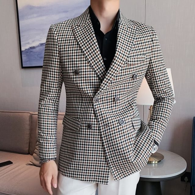 Lefitt-Peak Lapel Houndstooth Double Breasted Blazer
