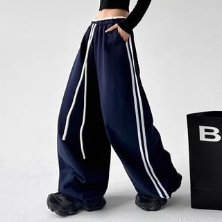Rosesand Low Waist Ruffled-Trim Striped Loose-Fit Wide-Leg Sweatpants Sale