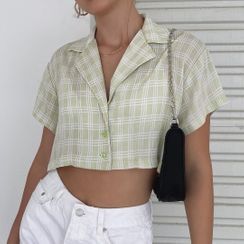 Bulgaris - Short-Sleeve Notch Lapel Plaid Crop Shirt