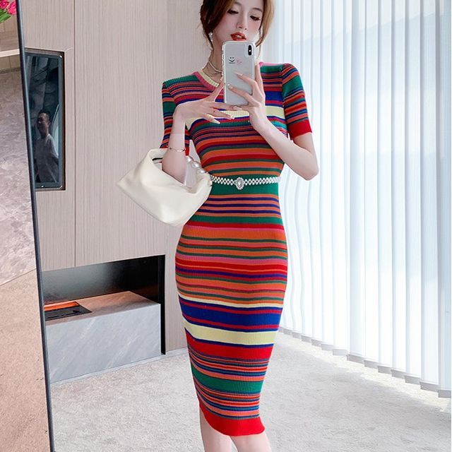 princess polly baby blue dress Chic Navy Blue Striped Dress - Striped Bodycon Dress