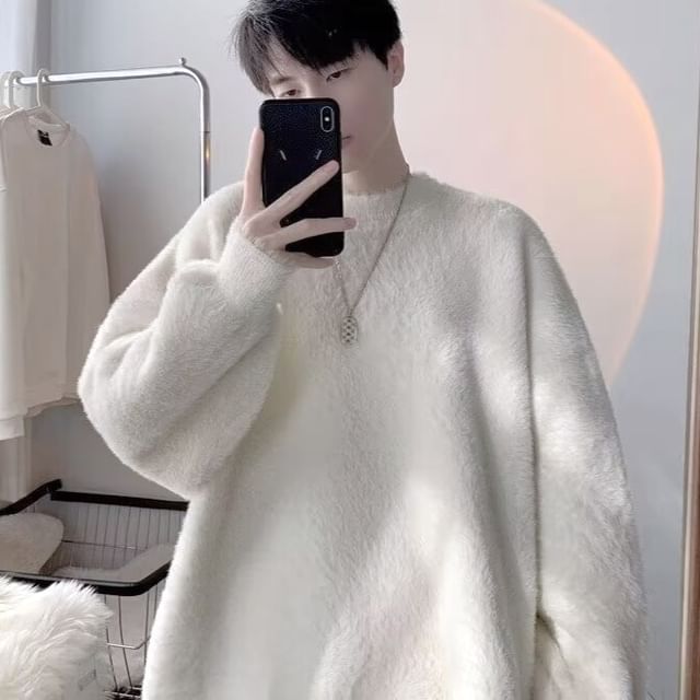 Urtishia-Crew Neck Plain Fluffy Sweater
