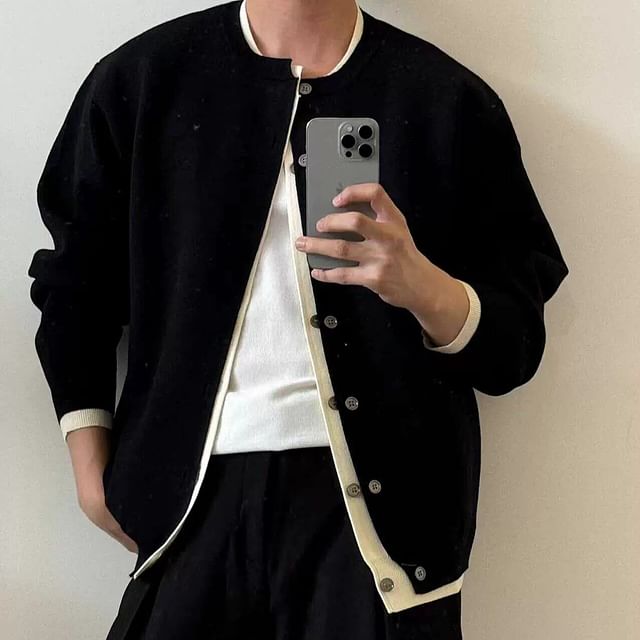 Real Boy-Crew Neck Contrast Trim Cardigan