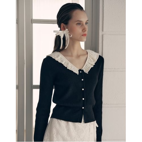 rolarola - Ruffle-Collar Knit Cardigan (Black) | YesStyle