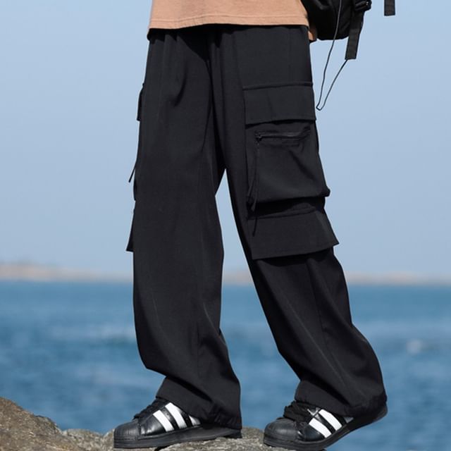 YERGO-High Waist Plain Wide Leg Cargo Pants