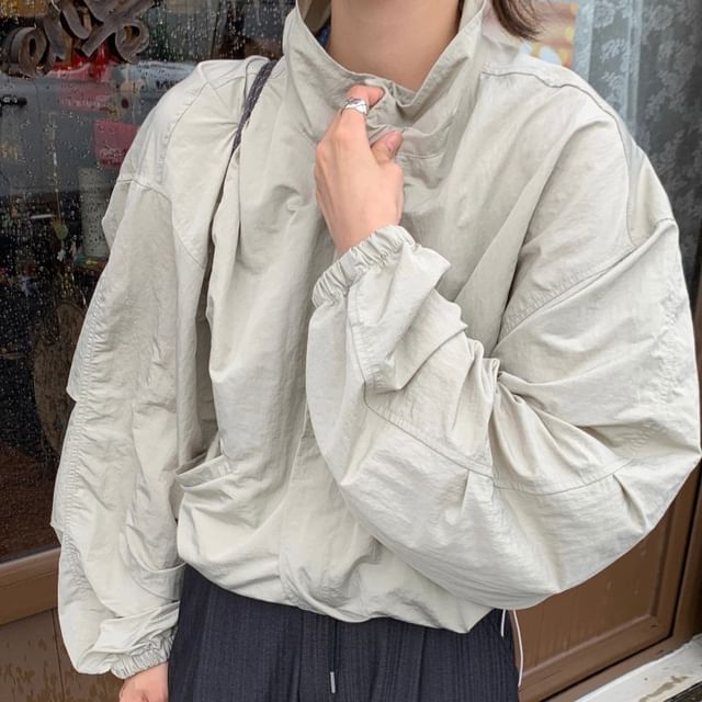 Rosesand-Puff Sleeve Plain Drawstring Jacket