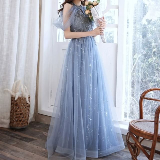 DreesHouse-Sleeveless Glitter Sheath Evening Gown