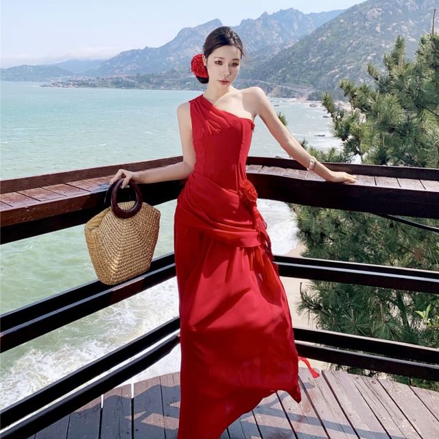 Moanum-One-Shoulder Plain Maxi A-Line Dress