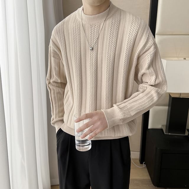 DuckleBeam-Mock Neck Plain Perforated Sweater