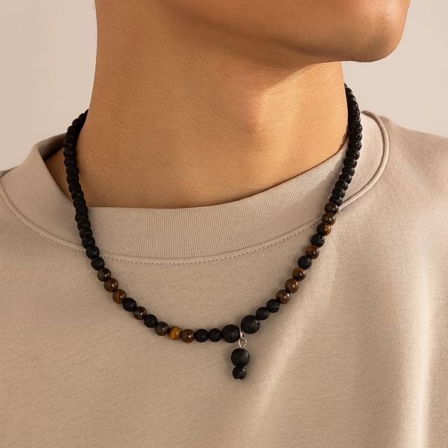 Gretlyn-Beaded Necklace With Lava Rock Pendant