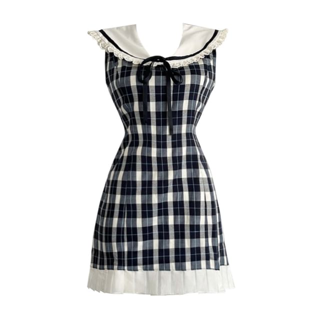 Dewewan - Sleeveless Peter Pan Collar Plaid Lace Trim Pleated Hem Tie Front  Mini A-Line Dress | YesStyle