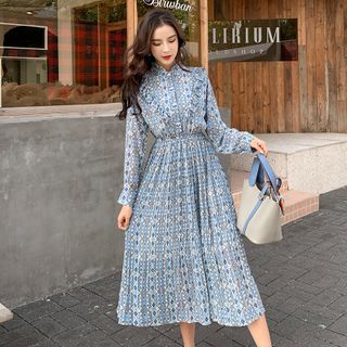 Kimrum - Set: Long-Sleeve Patterned Midi Chiffon Dress + Slipdress |  YesStyle