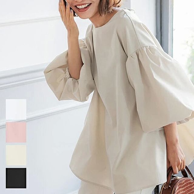 PERKARP-Puff-Sleeve Round Neck Plain Tunic