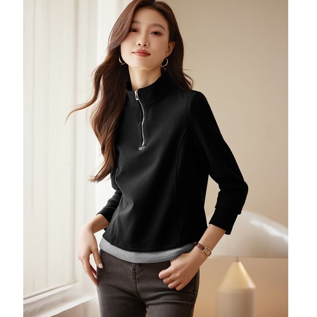 INEN-Long-Sleeve Mock Neck Half Zip Two Tone Top