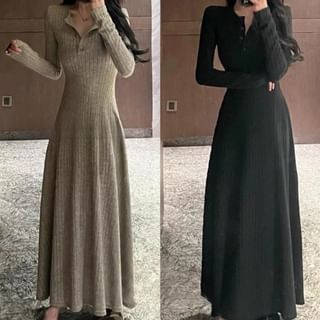 Glacia Long-Sleeve Henley Plain Ribbed Knit Maxi A-Line Dress Sale