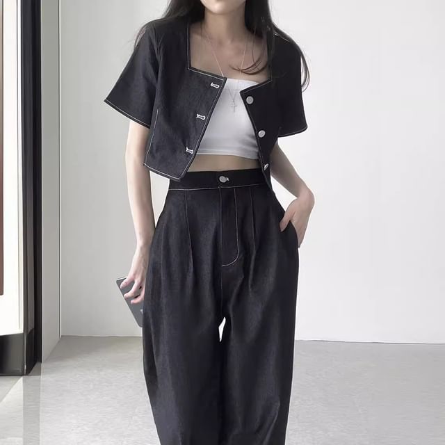 MIKIGA-Short-Sleeve Square Neck Contrast Stitching Cropped Blouse High Rise Wide Leg Pants