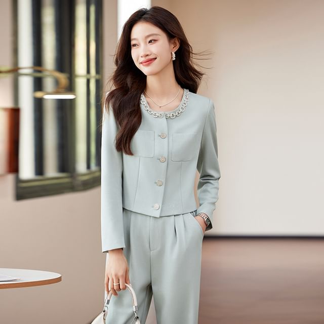 Princess Min-Round Neck Plain Single Breasted Blazer Mid Waist Plain Wide Leg Dress Pants