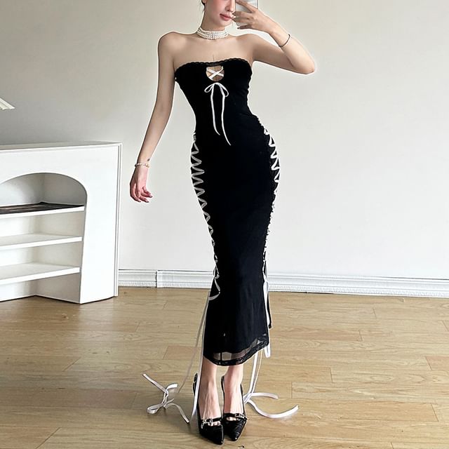 Sugarcoat - Strapless Two Tone Lace Trim Cutout Lace-Up Midi Bodycon Dress  | YesStyle