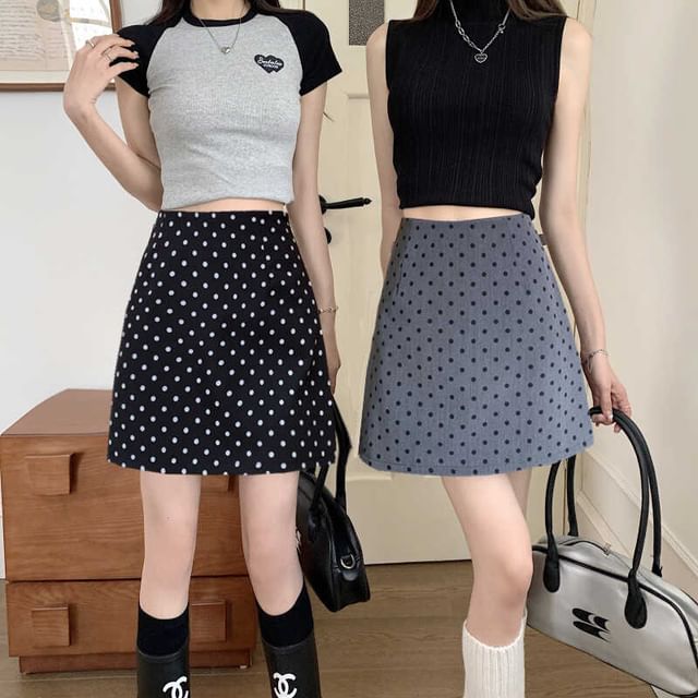 Wildfoea-High Rise Dotted Mini A-Line Skirt