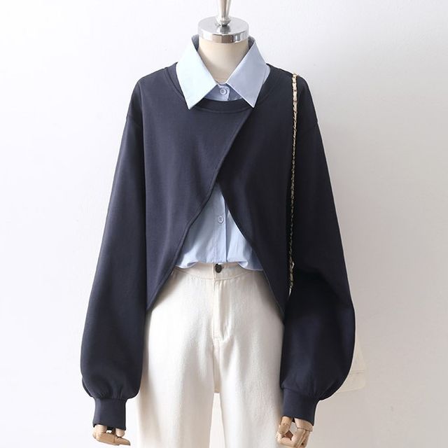 Cossita-Mock Two-Piece Puff-Sleeve Button-Up Pullover