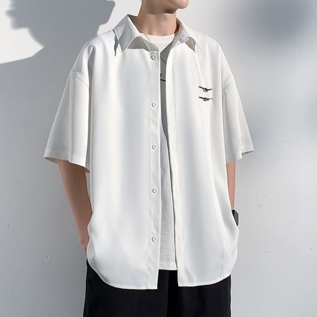 Really Point-Elbow-Sleeve Plain Buckled Button-Up Shirt