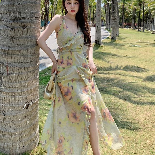 Chiffon V Neck Spaghetti Straps Bandage Floral Dresses Chiffon V Neck Spaghetti Straps Bandage Floral Dresses