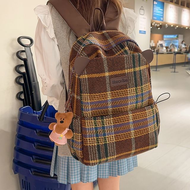 Plaid Backpack with Brown Accents Plaid Wool Student Backpack – Handmade Leather Trim School  main image 4