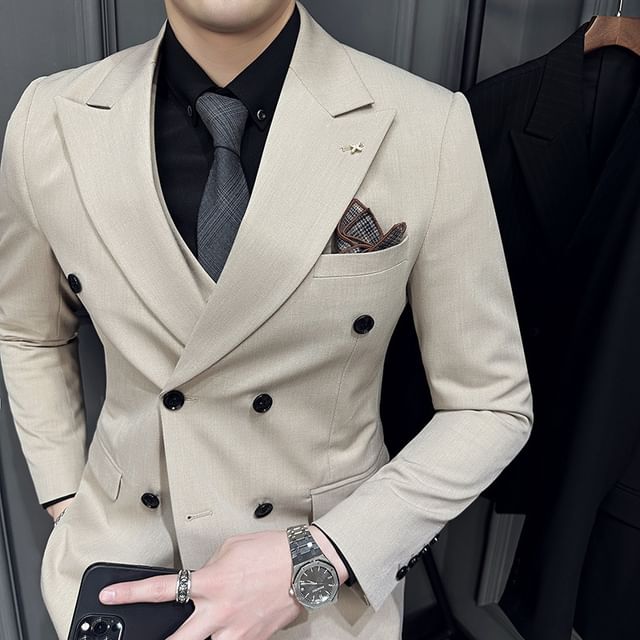 Blueforce-Set Peak Lapel Plain Double-Breasted Blazer Vest Cropped Tapered Dress Pants