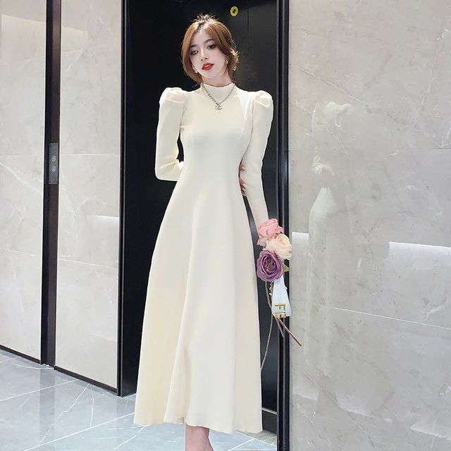 Maine - Long-Sleeve Mock Neck Knit Midi A-Line Dress | YesStyle