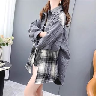 Onipixiy Long Sleeve Collared Plaid Panel Shirt Jacket Sale