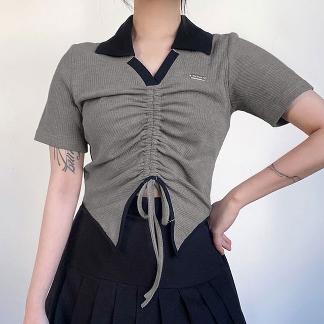 monroll-Short Sleeve V-Neck Collared Two Tone Drawstring Slit Crop Top