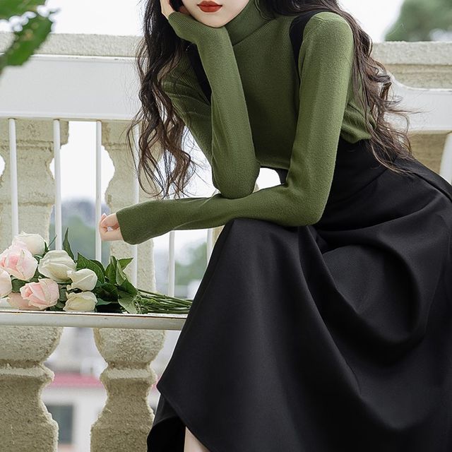Ryehouse - Set: Long-Sleeve Turtleneck Plain Knit Top + Midi A-Line  Suspender Dress | YesStyle