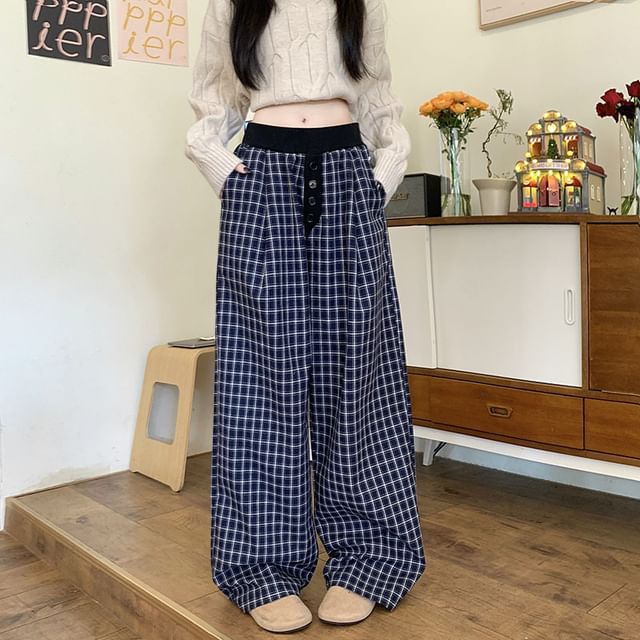 OGAWA-Elastic Waist Plaid Baggy Pants