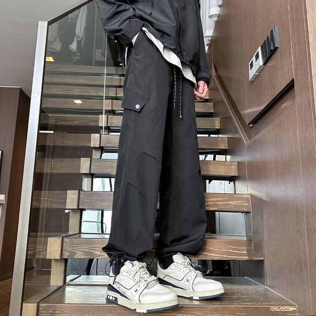 Diphon-Drawstring Waist Plain Fleece-Lined Straight Leg Cargo Pants
