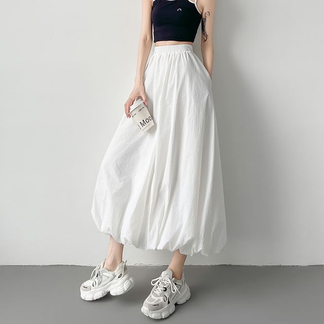 INEN-High Waist Plain Midi A-Line Skirt